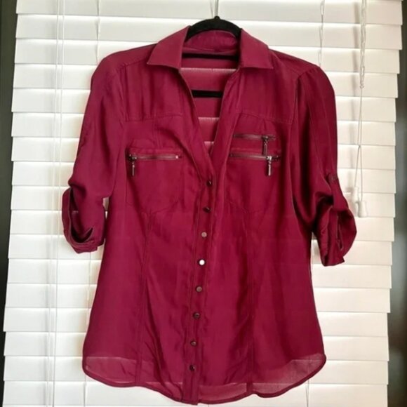 Bebe Burgundy Button Down Zip Pocket 3/4 Sleeve. Sz S 🙋‍♀️🛍😻 - Picture 6 of 15